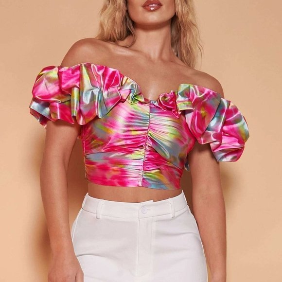 Pink Boho Womens Off Shoulder Ruffle Trim Ruched Bustier Crop Top - Picture 1 of 5